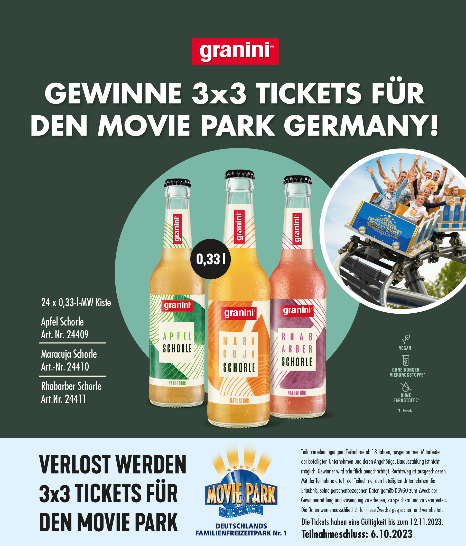 1 Kiste 24 x 0,33l Granini bestellen und mit etwas Glück 3x3 Tickets für den Moviepark gewinnen!